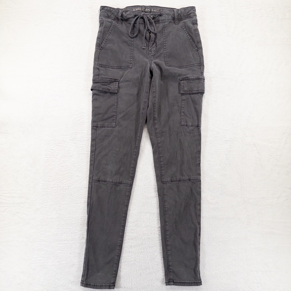American Eagle Hi Rise Jegging 10 LONG Gray Cargo Pockets Drawstring Utility
